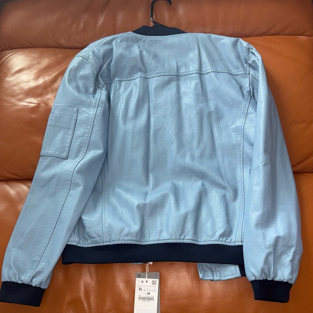 NWOT Zara Light Blue Bomber Jacket with Black Trim - Picture 5 of 6